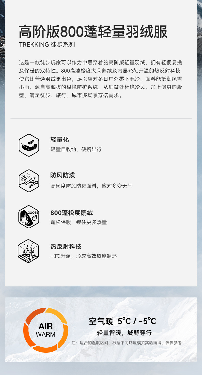 凯乐石 男女 800蓬鹅绒羽绒服 1000+洁净度 热反射全面保暖 图3