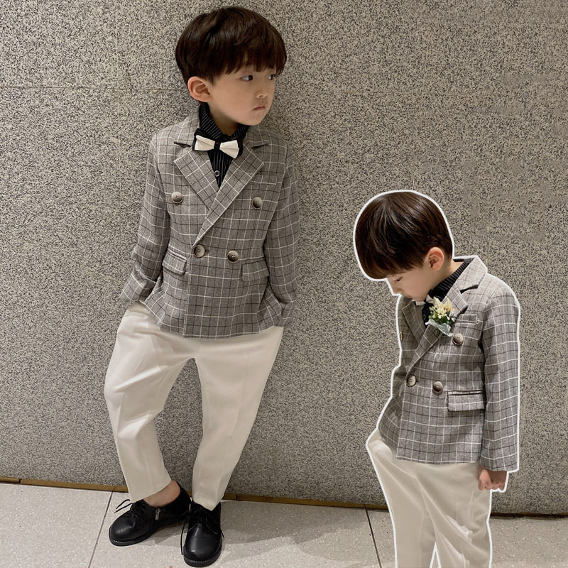 Boys British style Gray plaid double breasted suit Children's small suit Flower girl dress Autumn and winter children's clothing