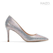 RAIZO light luxury 4-color rhinestone crystal high heels womens thin heel pointed leather bottom handmade shoes silver champagne powder