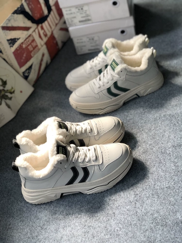 Маудоу большие кроссовки 2020 зимой, кожаная двухслойная кожа папа плюс плюшевые толстые белые туфли 35-40 ярдов