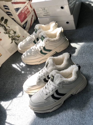 Маудоу большие кроссовки 2020 зимой, кожаная двухслойная кожа папа плюс плюшевые толстые белые туфли 35-40 ярдов