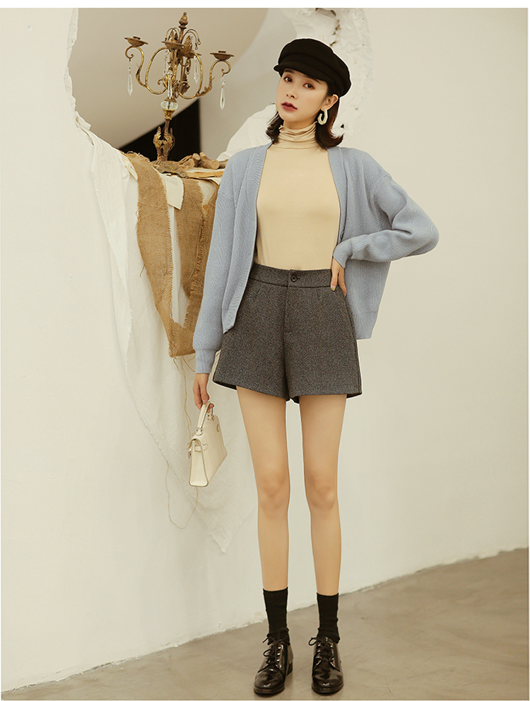 Mùa thu đông 2018 mới quần short xương cá bằng len nữ đi lại eo cao một từ hoang dã rộng rãi chân rộng quần chic quần áo nữ