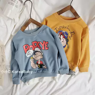Korean children's clothing baby cartoon sweater 2021 autumn new men and women children pure cotton fake two-piece printed top