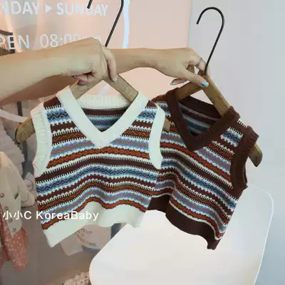 Small retro style ~ V-neck knitted vest Korean baby 2021 autumn warm men and women baby waistcoat