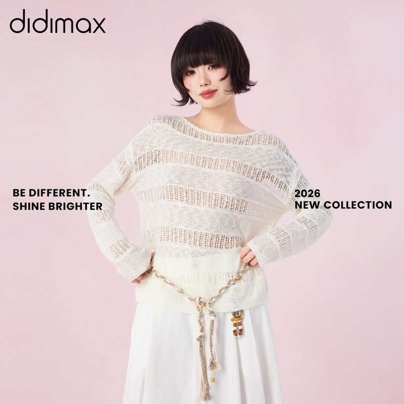 Didimax New Summer Style Cut Out Wool Knitwear Simple Casual White Loose Long-Sleeved Holiday Style X27969
