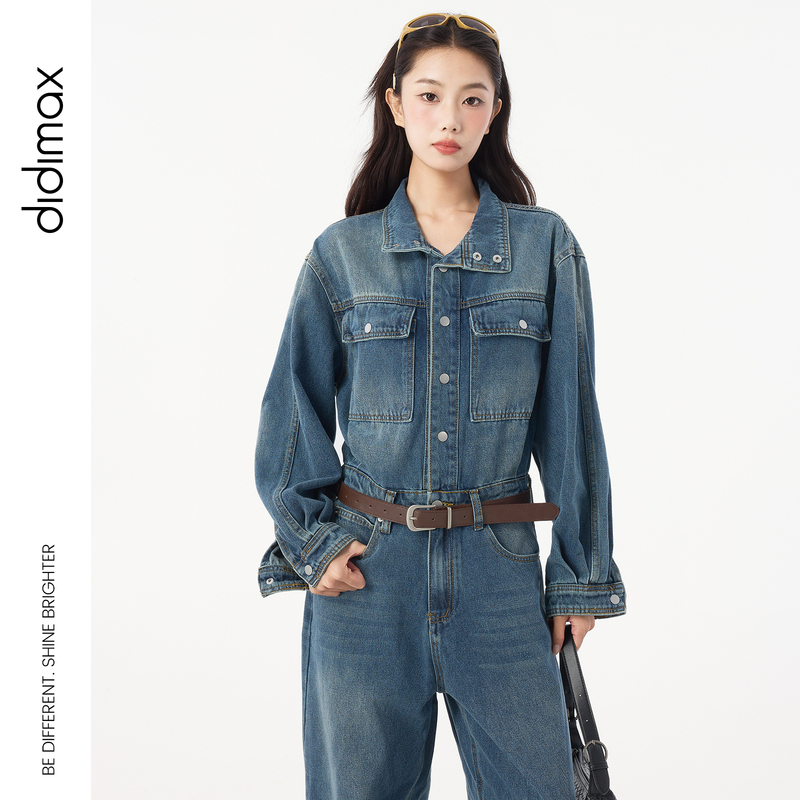 Didimax Autum New Denim Long-Sleeved Jumpsuit with Stand Collar Denim Women's Jumpsuit Q70487