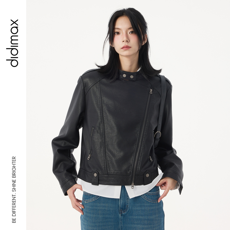 Didimax New Autumn Style Black Stand-Up Collar Leather Jacket Pu Leather Zipper Short Jacket Women's Jacket Q30265
