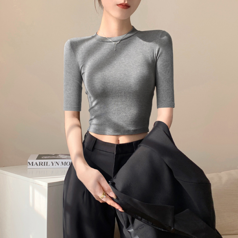 Gray Short Round-Neck Mid-Sleeve Base Shirt T-Shirt for Women, Spring and Autumn New Slim-Fit Ribbed Five-Quarter Sleeve Crop Top Gray Short Round-Neck Mid-Sleeve Base Shirt T-Shirt for Women, Spring and Autumn New Slim-Fit Ribbed Five-Quarter Sleeve Crop Top