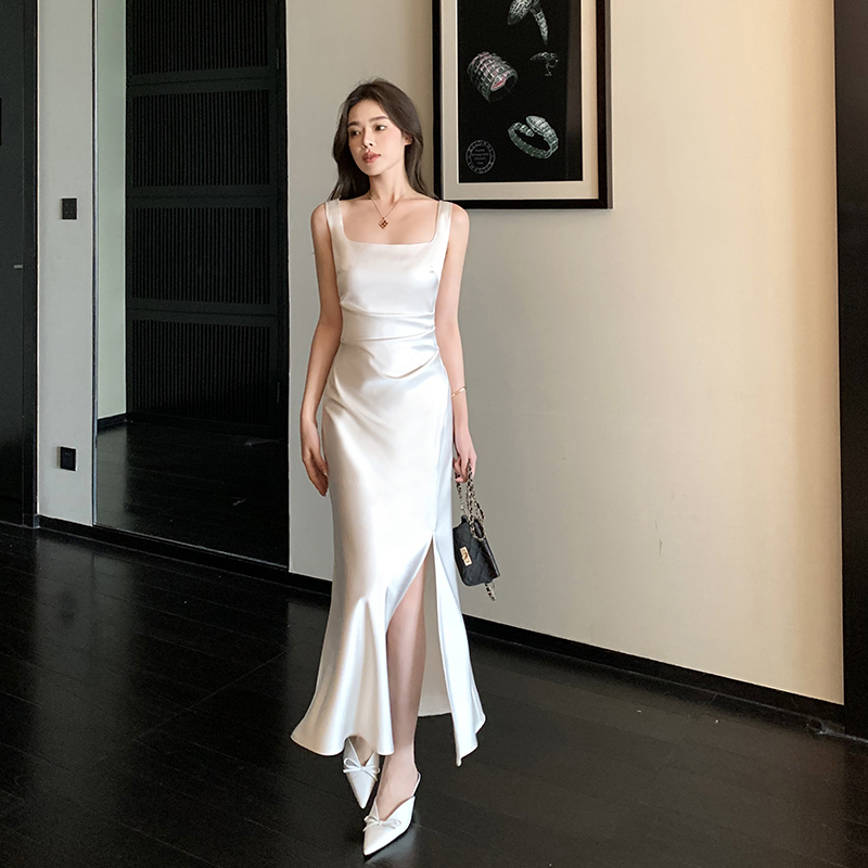 But You, Butyou, White Dress, Women's Summer French-Style Long Engagement Party Dress, Elegant Satin Slip Dress