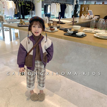 Brand childrens clothing 22 winter girls thickened lamb fleece jacket little girls foreign style warm fleece pants two-piece set