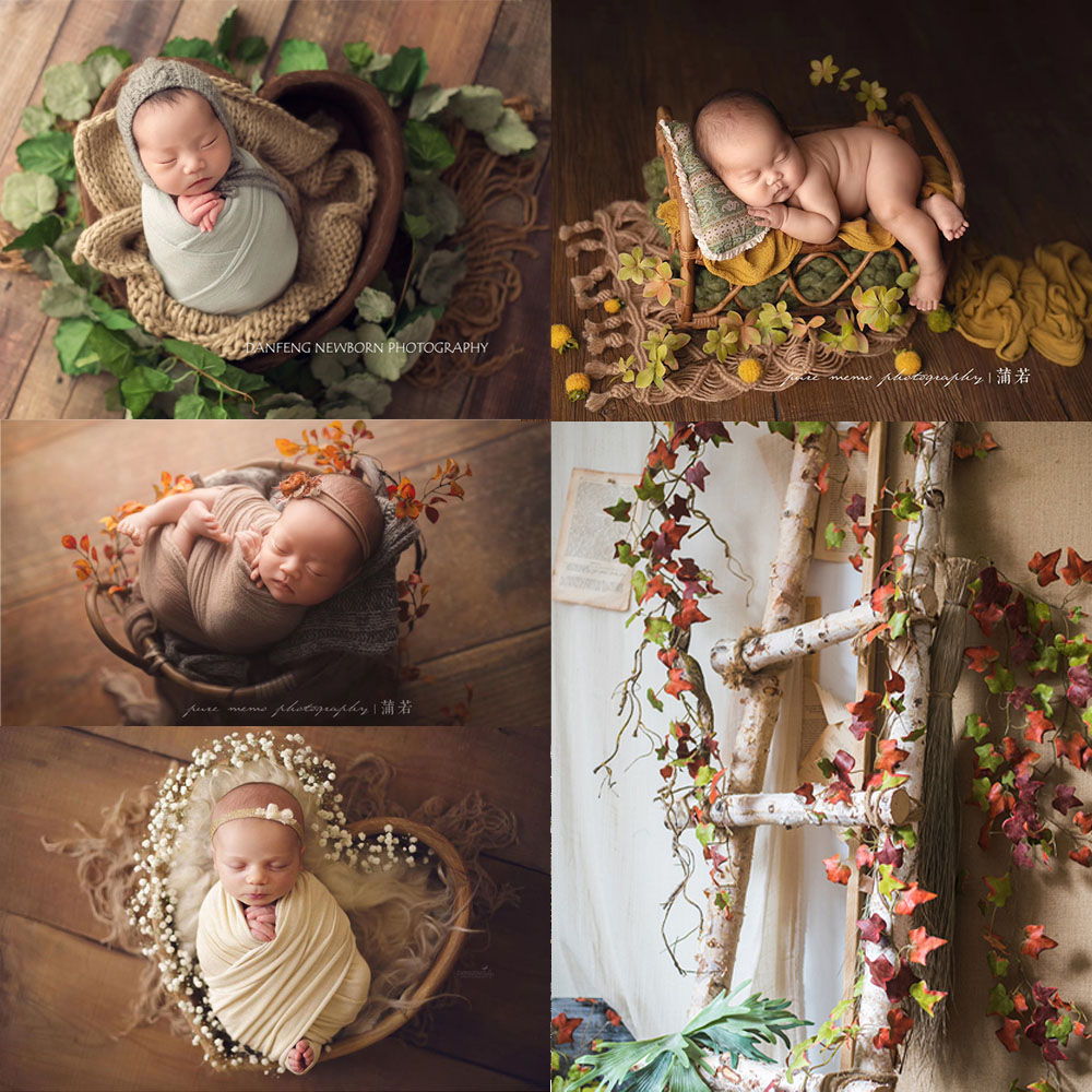 Yamano small leaf Tengman~simulation forest green plant autumn leaves newborn photography props full moon baby photo