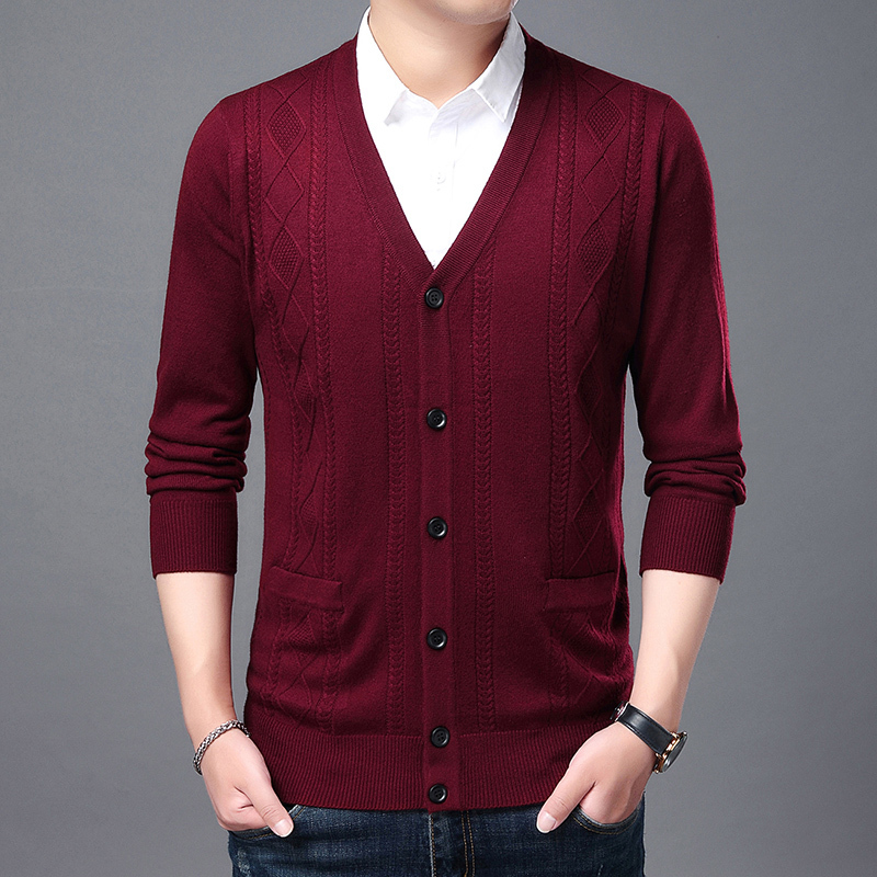 Dad's Cardigan Sweater for Middle-Aged and Elderly Men, Thin Loose Wool Sweater with V-Neck, Solid Color, Real Pocket Knitwear