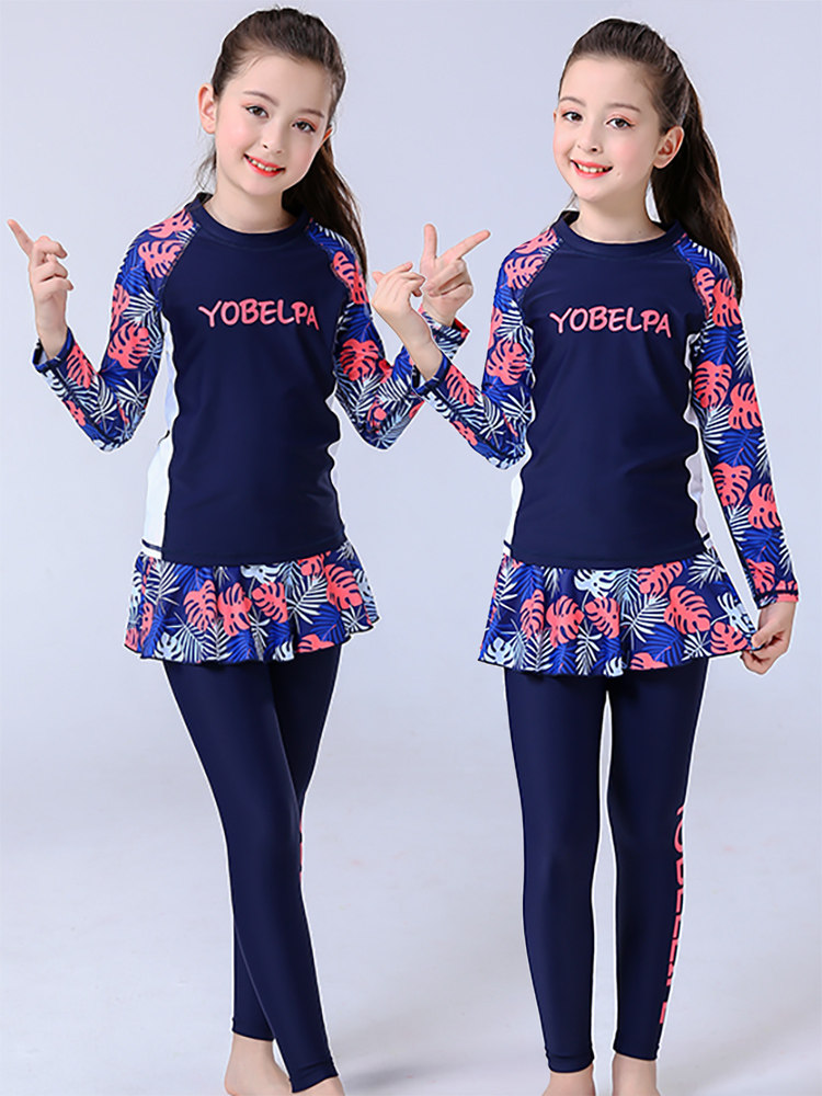 Children Girls Swim suit Medium and large children two-piece skirt Long-sleeved trousers Sunscreen quick-drying snorkeling suit Training swimsuit