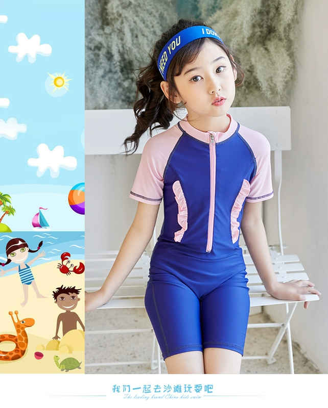 Áo tắm trẻ em Xiêm Boxer Tay ngắn Bảo thủ Trung bình Big Boy Girl Bé Nhanh khô Chuyên nghiệp Huấn luyện Đồ bơi - Bộ đồ bơi của Kid đồ bơi elsa