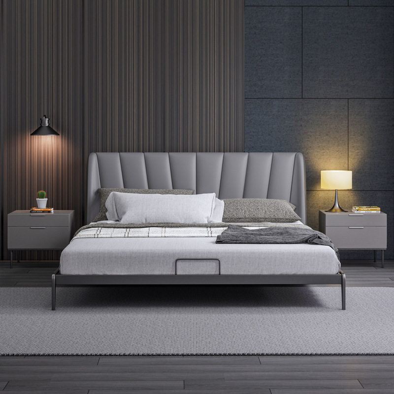 2021 New industrial wind light luxury genuine leather bed Italian style minimalist 1 8m double bed modern minimalist bedroom with main bedroom