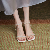  ins niche design square head sandals Pearl beaded one-word belt thick heel high heels wild outer wear fairy sandals