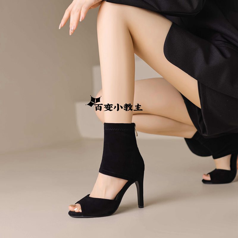 Jazz Dance High Heels Black Peep-Toe Stiletto Sandals Sexy Heels Dance Shoes Hollow Short Boots Large Size