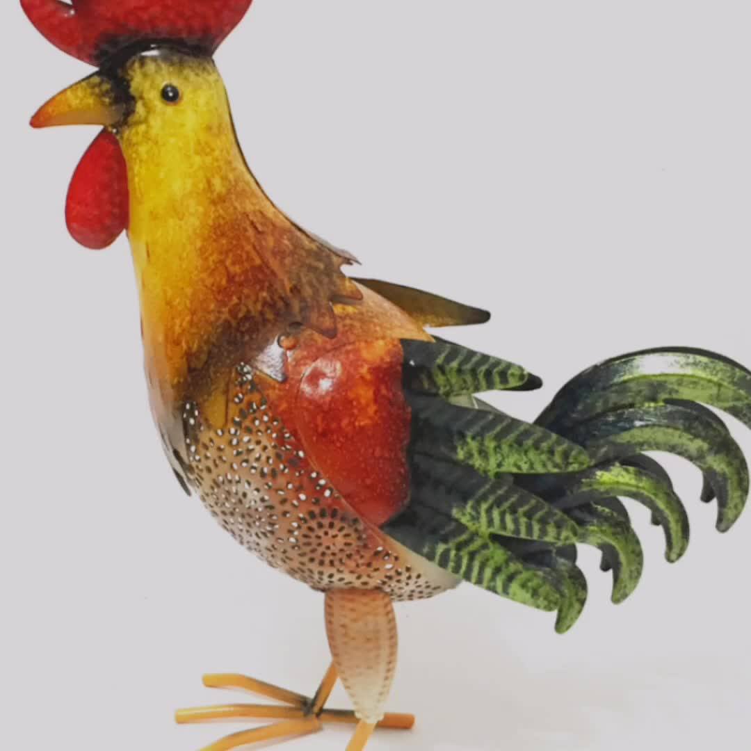 Statua Gallo In Metallo Per Esterno - Decorazione Giardino 30cm, Multicolore, Antiruggine - Foto 2