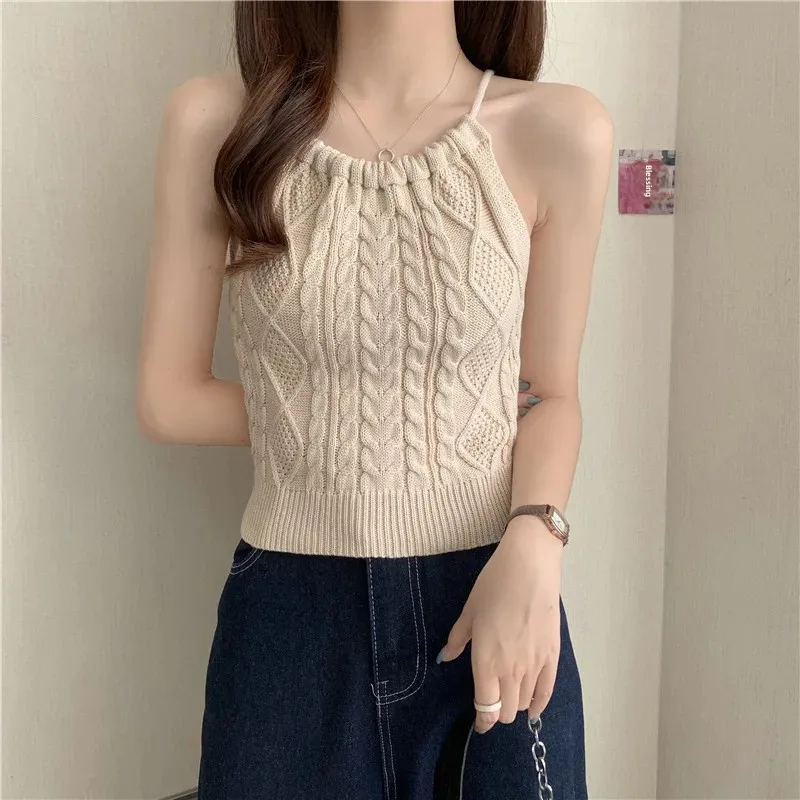 200 Jin Women's Wear Design Sense Lace-up Backless Knitted Slim Top for Fat Girls
