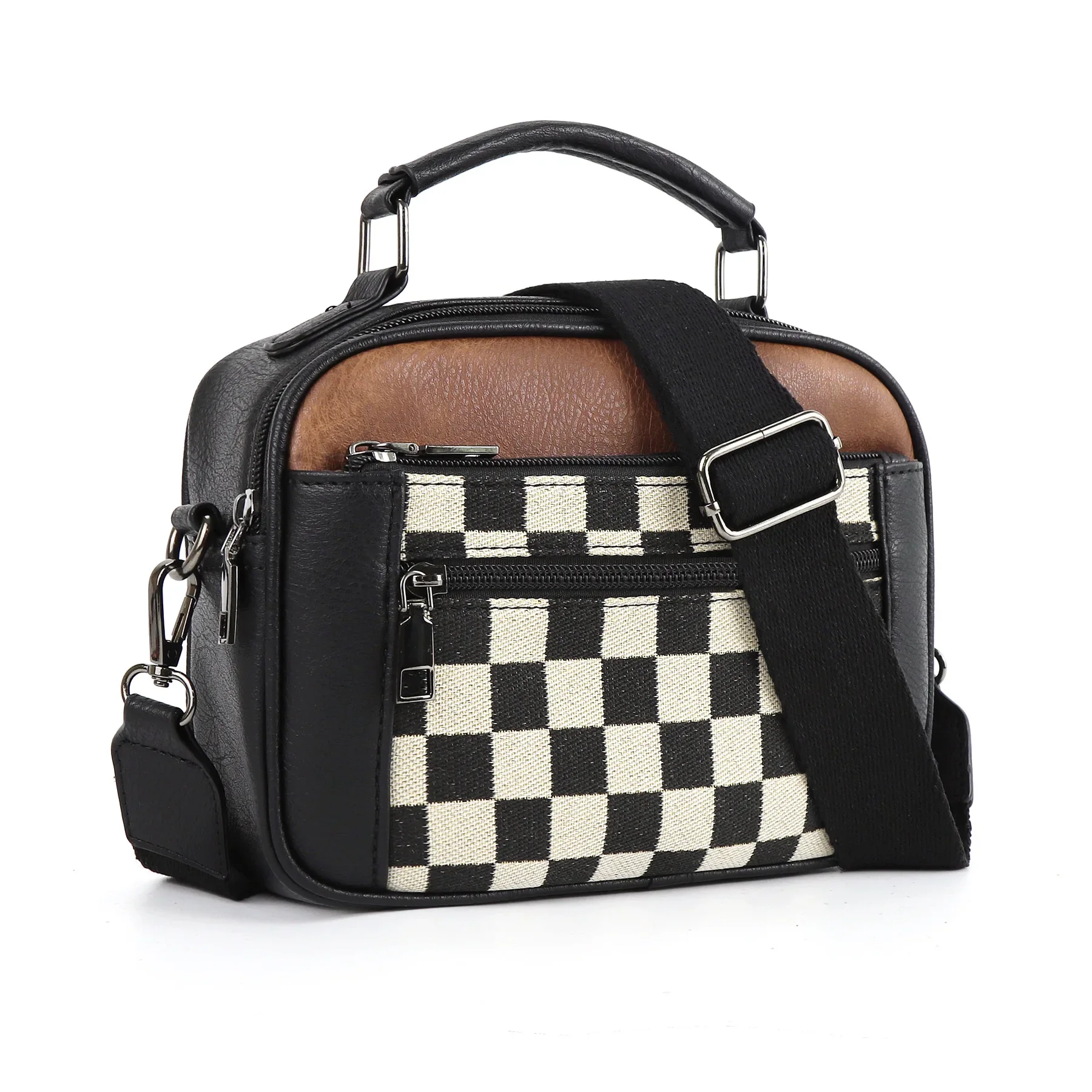 Amazon Cross-border Hot Selling Canvas Checkerboard Double Zipper Handle Fashion Crossbody Shoulder PU Square Bag