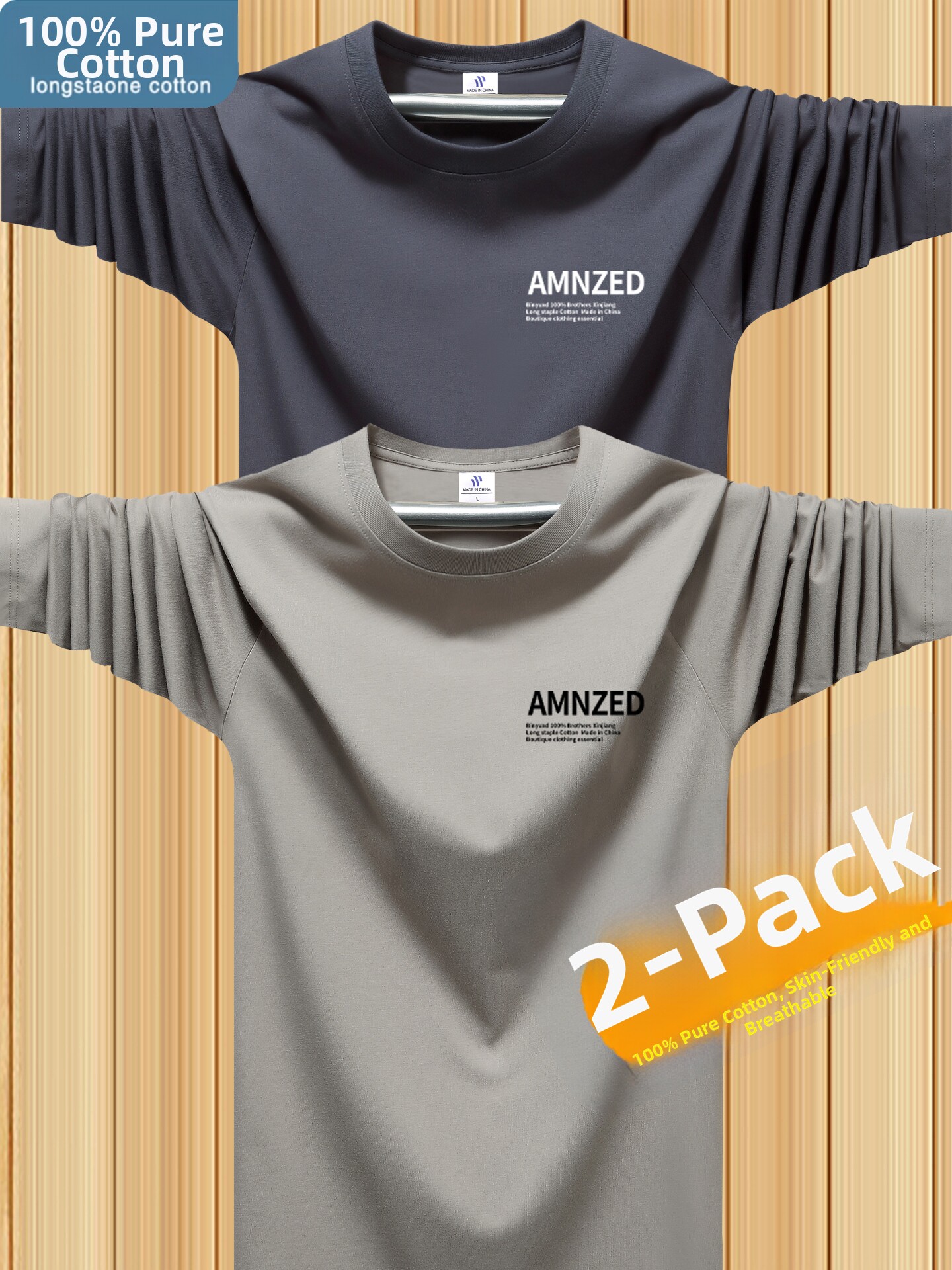 Two-Pack 100% Pure Cotton Long-Sleeve T-Shirts for Men, Round Neck, Versatile for Spring and Autumn, Casual, Large Size, Autumn Tops, Base Layer Shirts