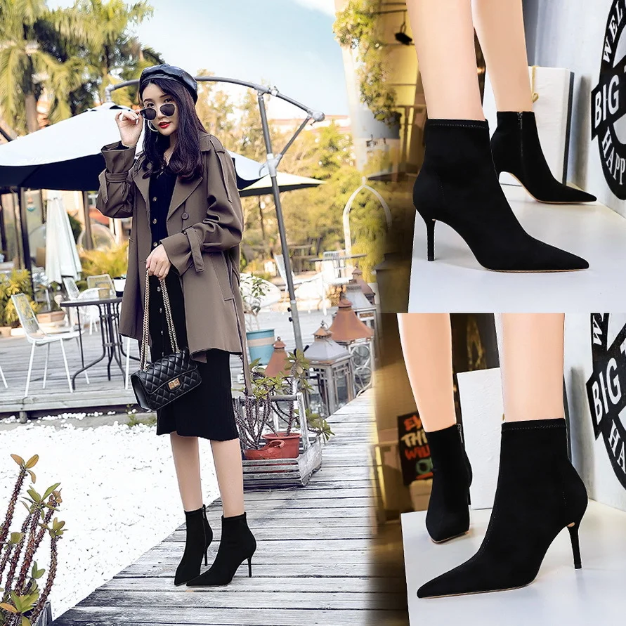 8788-7 European and American style fashion simple thin heel high heel suede pointed sexy nightclub slim short boots women and naked boots