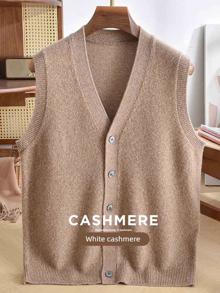100% Pure Cashmere Sweater Men's Cardigan V-Neck Vest Waistcoat Middle-Aged and Elderly Dad's Loose Red Sweater