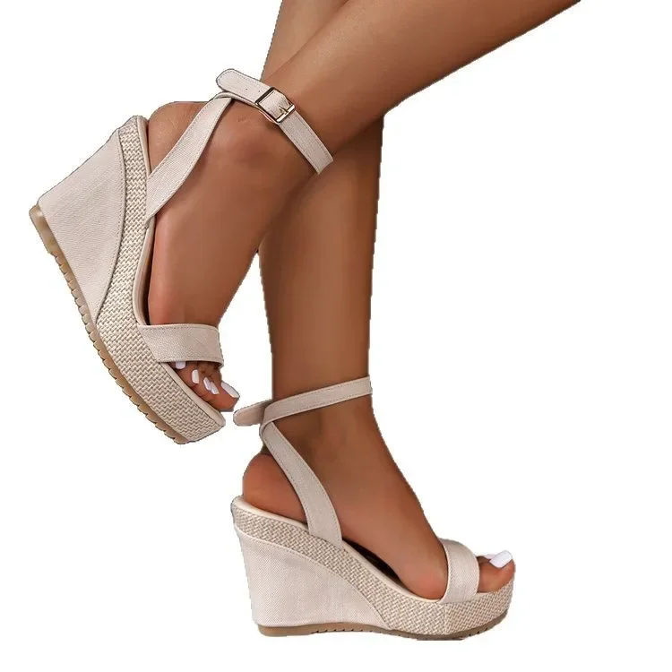 Platform sandals women, plus size summer wedges, buckle closure open-toe 2025