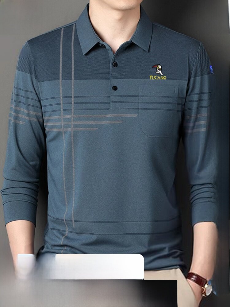 Woodpecker Spring Men's Long-Sleeved T-Shirt for Middle-Aged Dads with Pockets, Loose Polo Collar Shirt, Autumn Top