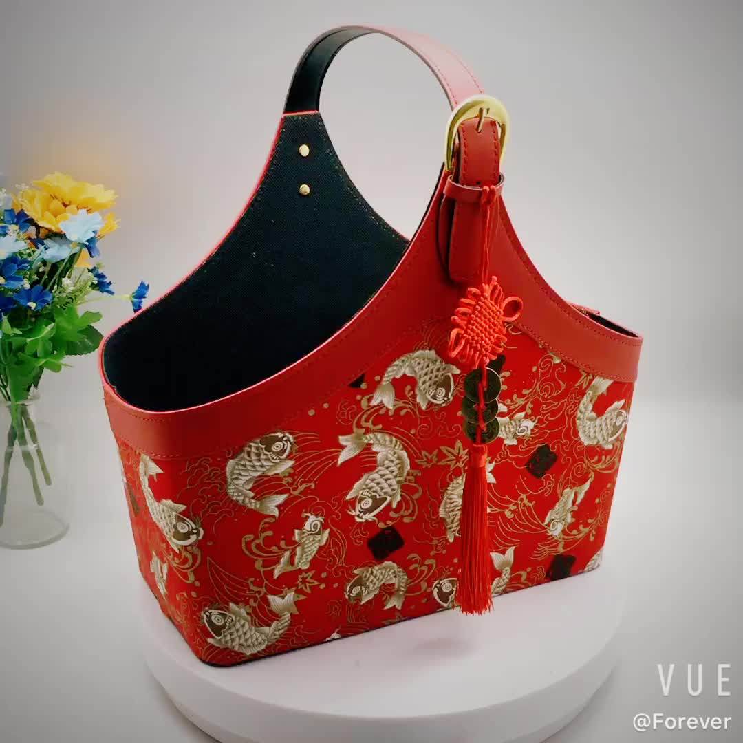 Cheap Chinese Food Empty Large Pu Leather Gift Basket With Handle