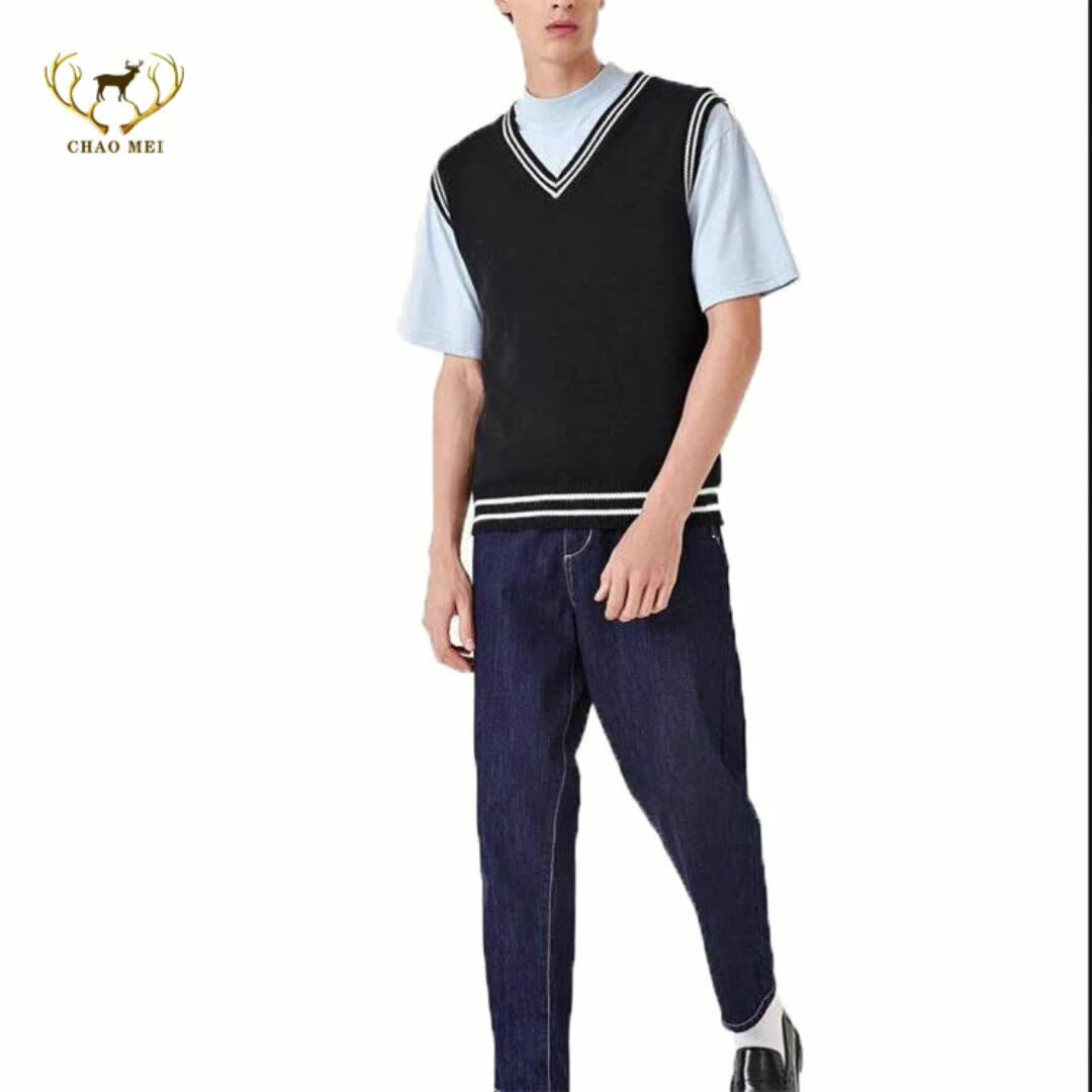 Men Striped Trim Cricket Sweater Vest 