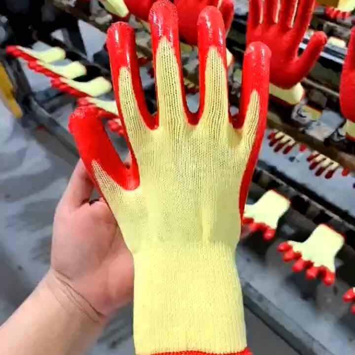 Hot Sale 10g Latex Rubber Coated Cotton Safety Work Hand Gloves Yellow Cotton Glove Crinkle