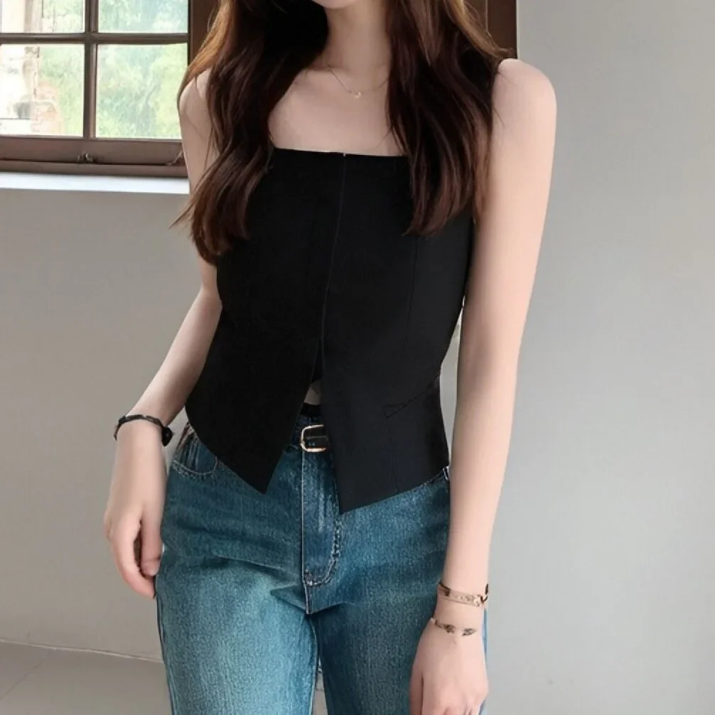 Black Square Collar Sleeveless Vest Women's Summer 2025 New Design Sense Niche Hollow Split Fashion Top Women
