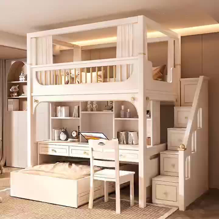 Luxury Princess Wooden Bedroom Furniture Set White Bunk Beds Storage
