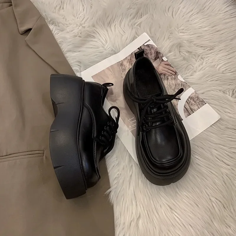 Early Spring 2025 Black Thick Bottom Increased Big Head Lace Small Leather Shoes Women's New All-match British Style Vintage Single-layer Shoes