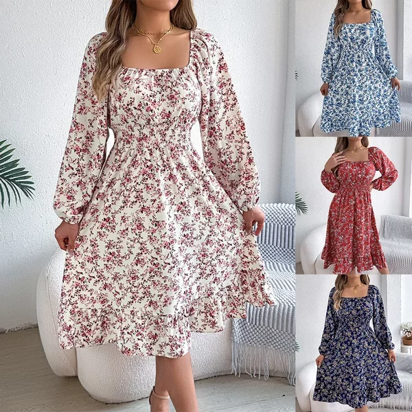 2026 Autumn/Winter European and American Elegant Floral Square Neck Long Sleeve Waist-Cinched Ruffle A-Line Dress Independent Cross-Border Women's Fashion
