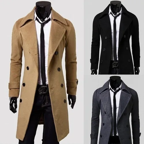 Foreign trade wholesale special plus size men's slim double-sided tweed coat coat long double-breasted coat trench coat