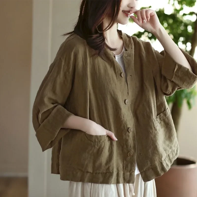 2024 New Vintage Cotton and Linen Cardigan Women's Loose Spring and Summer Thin Casual Hooded Long-sleeved Outer Sunscreen Short Coat