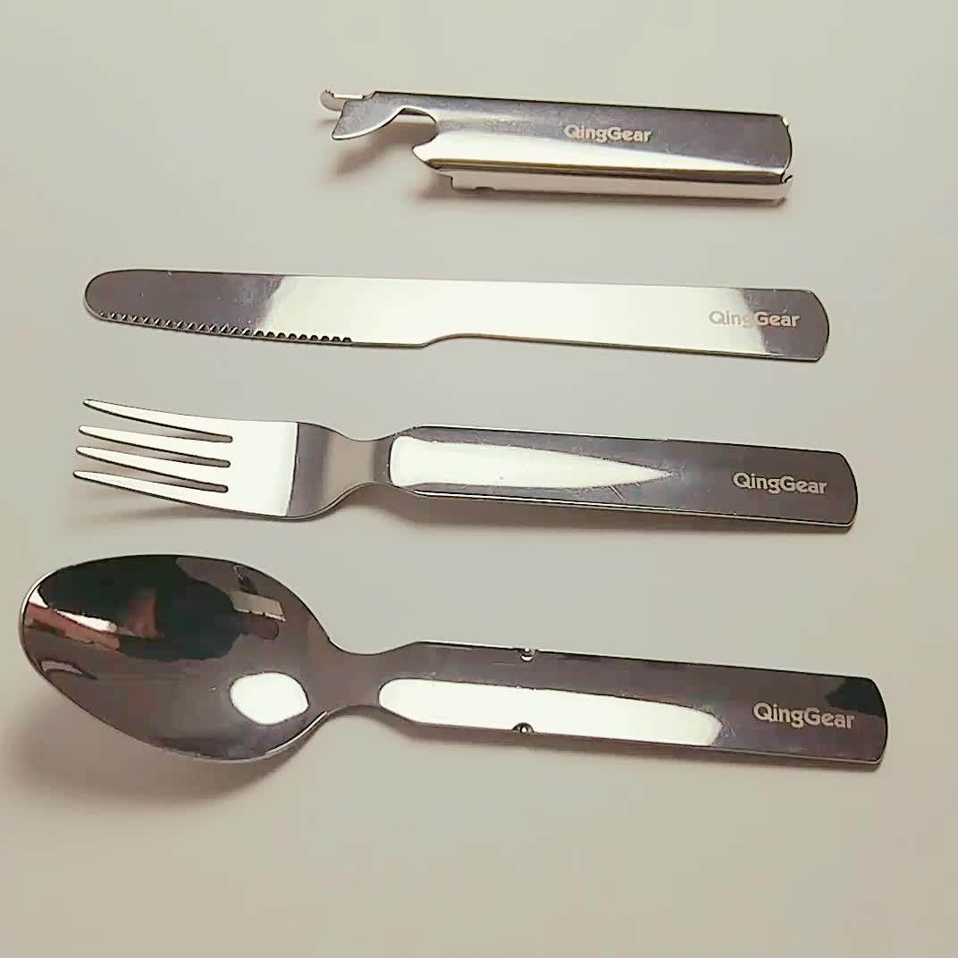 Qinggear 4 In 1 Camping Hiking Cutlery Set Fork Spoon Knife Bottle