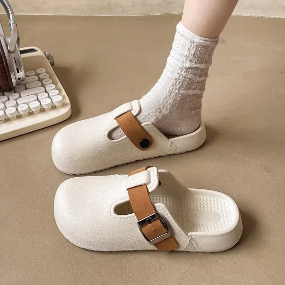 Korean Style Retro Big Head Flat Slippers 2024 New Slip-on Baotou Half Sandals Soft Bottom Round Head Sandals for Women
