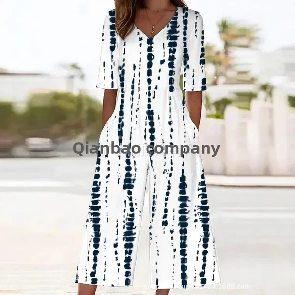 2025 New In-Stock Cross-Border Foreign Trade European and American Women's Fashion Independent Station Spring and Summer Popular Printed Pocket V-Neck Jumpsuit