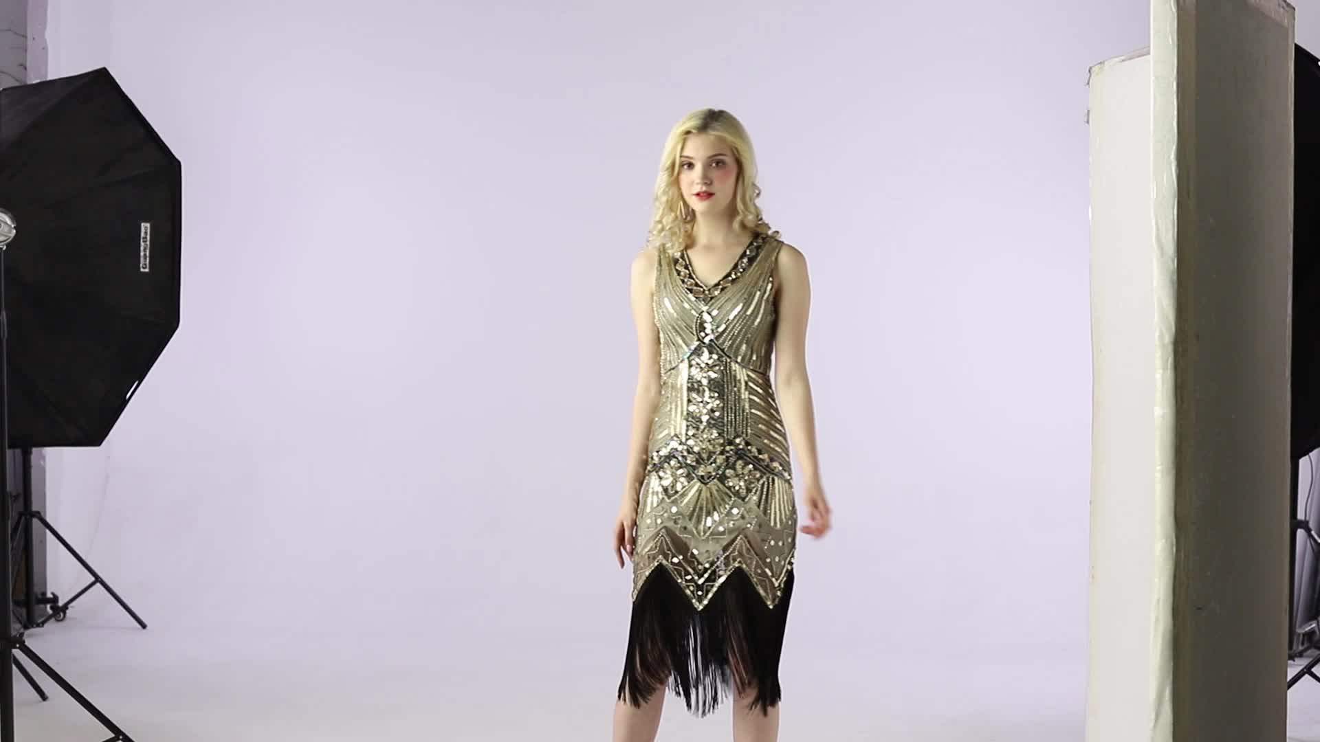 1920S GATSBY Sequins Women Full Dress O-neck Beaded Split V-Back Club Night Out Dress