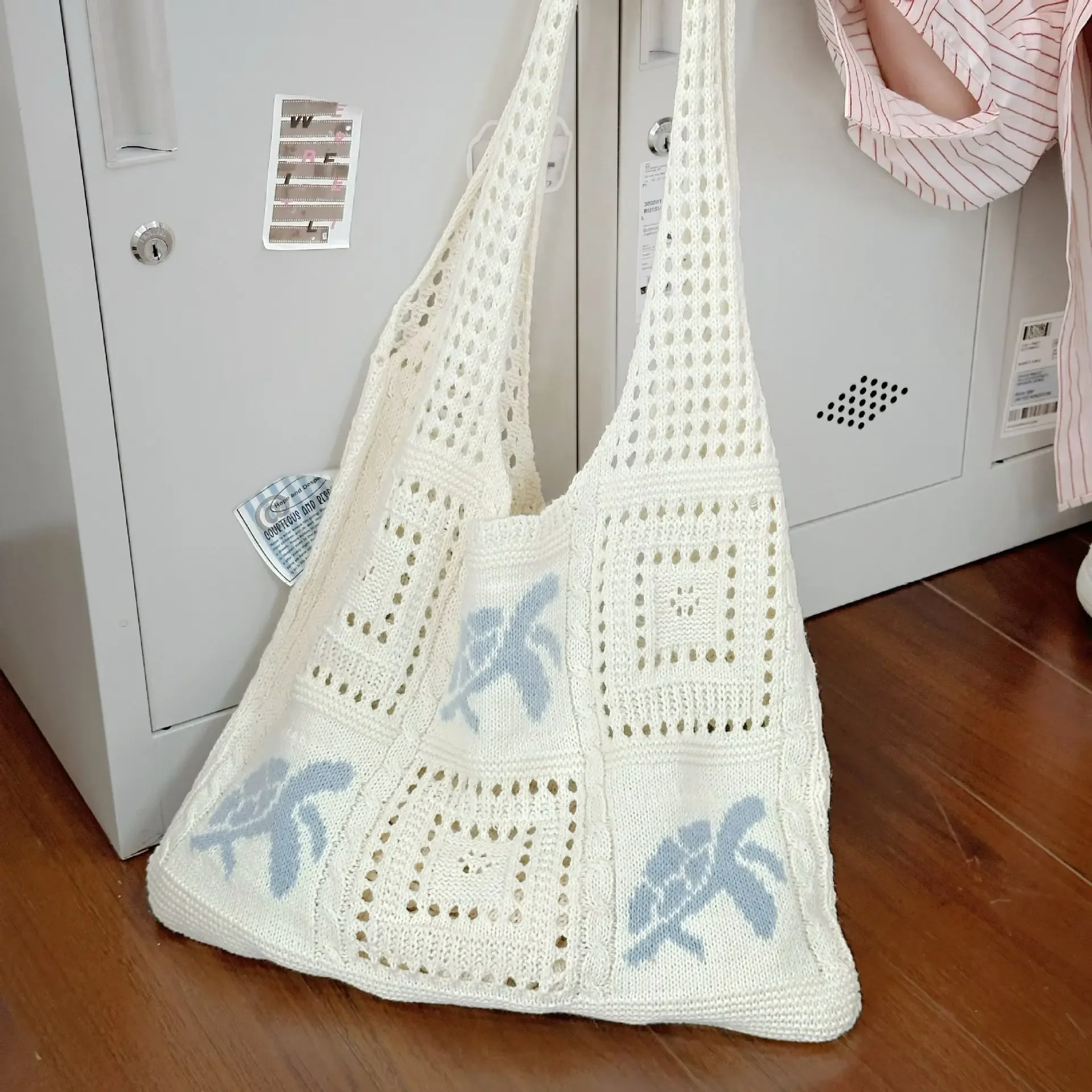 Cross-border temu knitted bag vintage hollow hand woven bag shoulder bag blue turtle women's handbag shopping bag