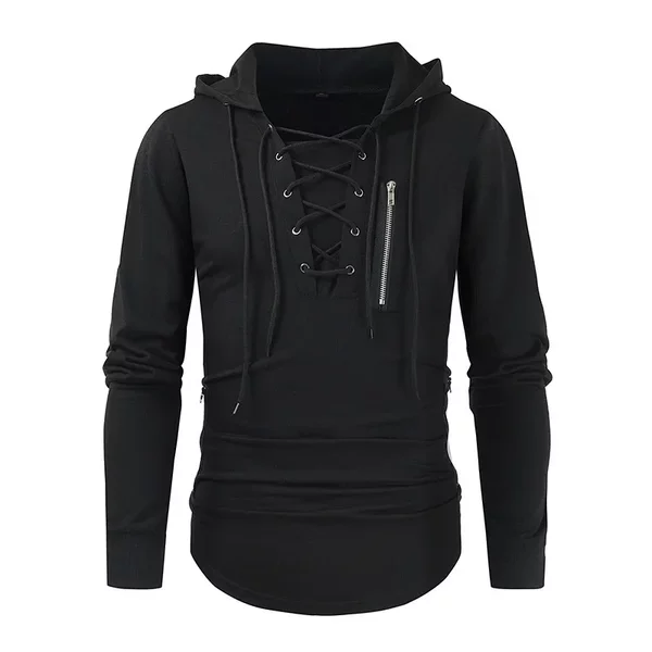 2025 Men's Spring and Autumn Hoodie Solid Color Lace-Up Zipper Pocket Sports Streetwear Hooded Sweatshirt