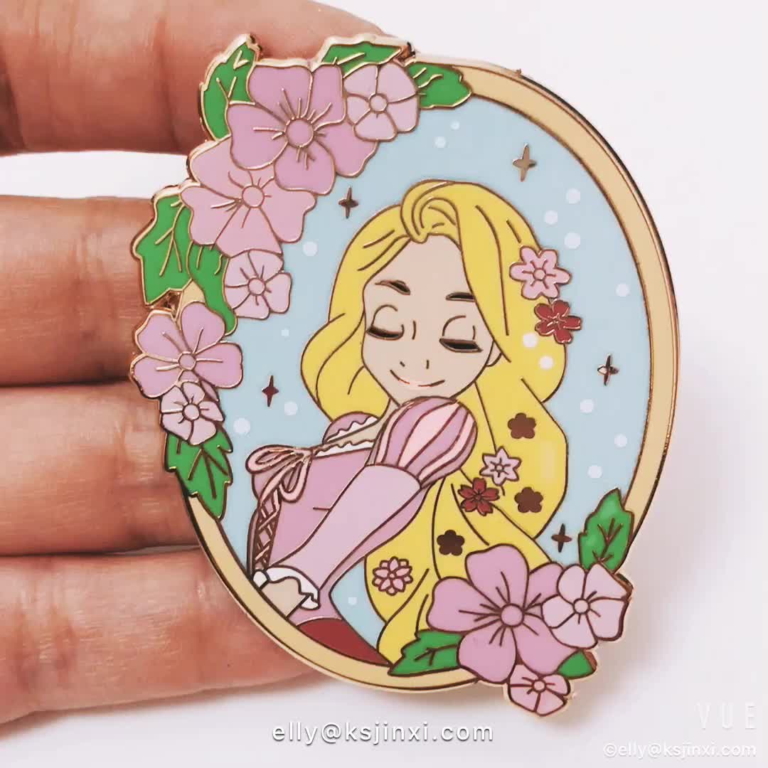 2.5 Inches Silk Screen Printing Gold Cute Cartoon Girl Hard Enamel Pin
