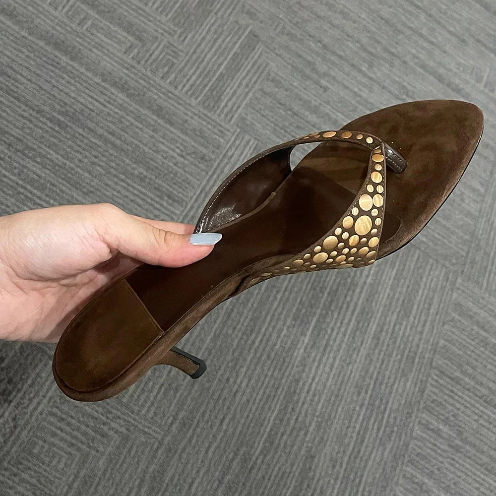 2025 New High-grade European and American-style Rivet Flip-on Sandals and Slippers Suede Flip-on High-heeled Slippers for Women Summer Outer Wear