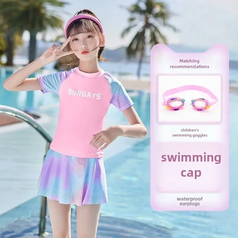 Children's cute summer beach split swimwear, with short sleeve, sun protection, for teenagers
