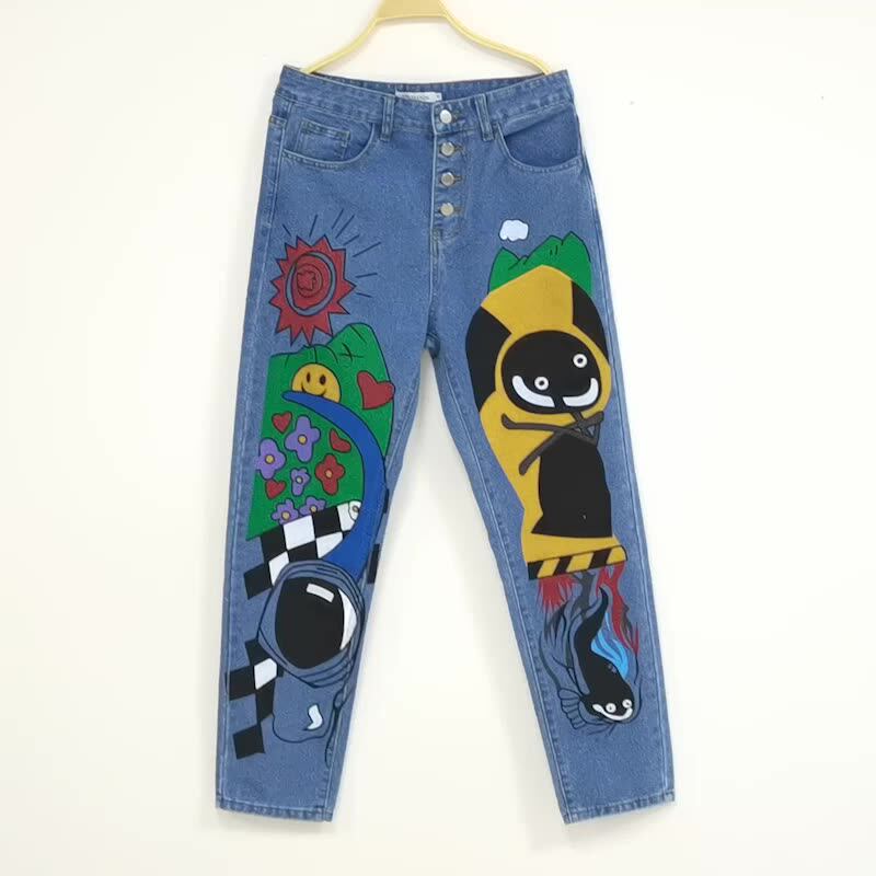 Женские джинсы с мультяшным принтом Atumn зимние шаровары для девочек однобортные