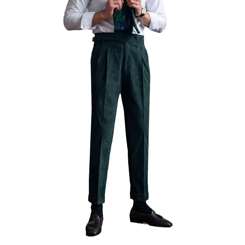 Linen corduroy Italian Naples straight high-waisted casual pants, luxury British business retro winter pants for trendy men