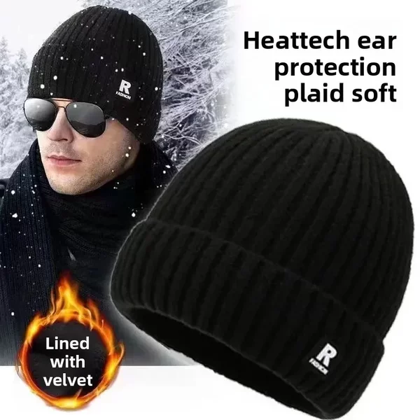 Fashion Large Head Circumference Fleece-Lined Thickened Men's Knit Hat Large Head Circumference Adult Ear Protection Warm Outdoor Skiing Hat
